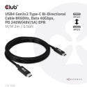 CLUB3D USB4 Gen3x2 Type-C Bi-Directional Cable 8K60Hz, Data 40Gbps, PD 240W(48V/5A) EPR M/M 2m / 6.5