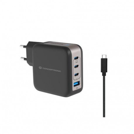 Conceptronic 4-Port 100W GaN USB PD Charger with USB-C Charging Cable, USB-C x 3, USB-A x 1, QC 3.0,