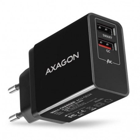 Axagon ACU-QS24 QUICK and SMART Wall charger, 2x USB port QC3.0/AFC/FCP + 5V-1.2A, 24W