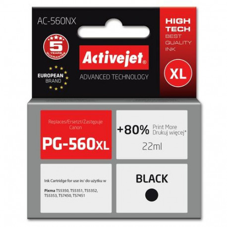 Activejet AC-560NX Printer Ink for Canon, Replacement Canon PG-560XL; Supreme; 22 ml; black