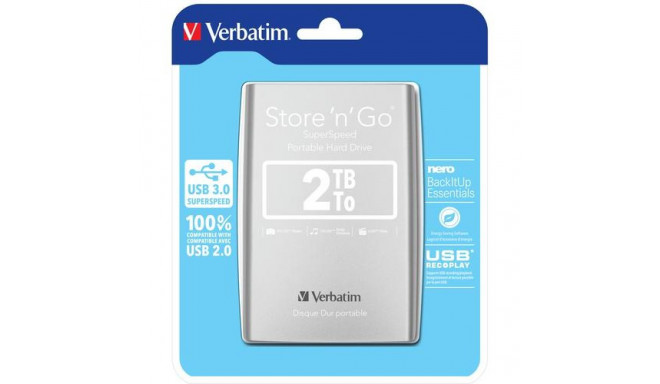 Verbatim Store &#039;n&#039; Go USB 3.0 Portable Hard Drive 2TB Silver