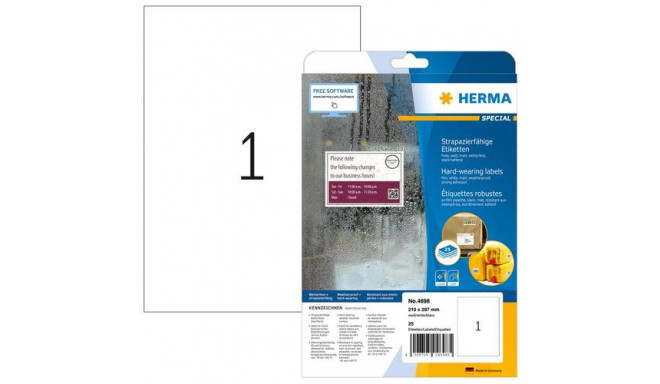 HERMA Labels hard-wearing A4 210x297 mm white strong adhesion film matt weatherproof 25 pcs.