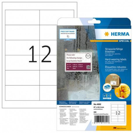 HERMA Labels hard-wearing A4 97x42.3 mm white strong adhesion film matt weatherproof 300 pcs.