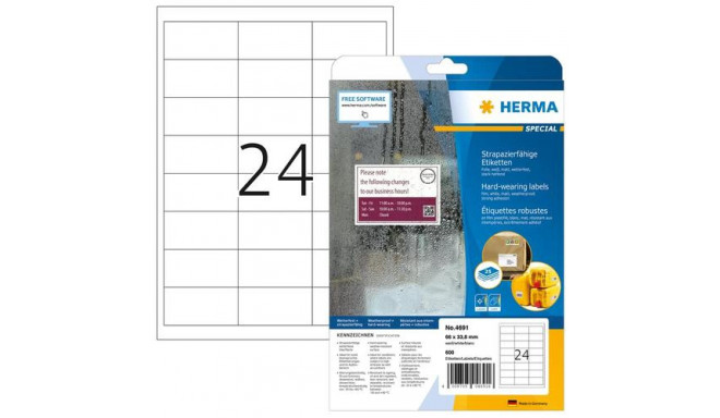 HERMA Labels hard-wearing A4 66x33.8 mm white strong adhesion film matt weatherproof 600 pcs.