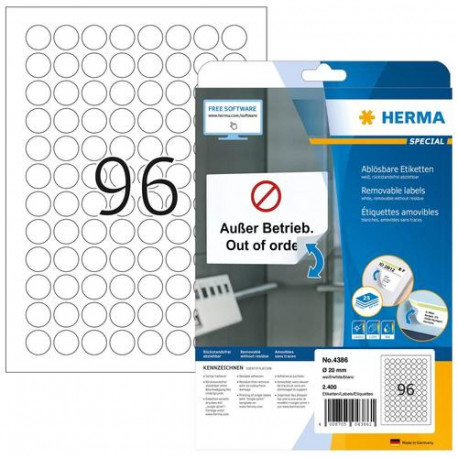 HERMA Removable labels A4 Ø 20 mm round white Movables/removable paper matt 2400 pcs.