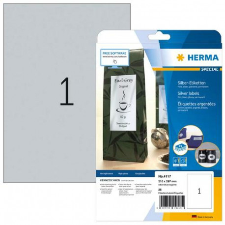 HERMA Labels A4 210x297 mm silver film glossy 25 pcs.