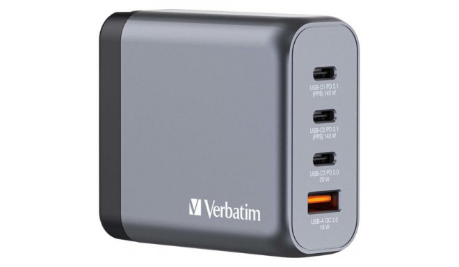 Verbatim GNC-140 GaN Charger 140W with 2 x USB-C PD 140W / 1 x USB-C PD 20W / 1 x USB-A QC 3.0 (EU/U