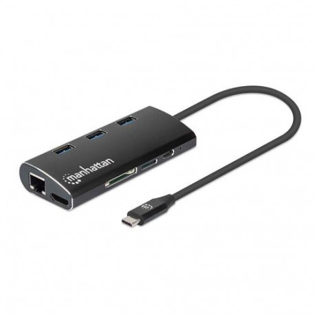 Manhattan USB-C Dock/Hub with Card Reader, Ports (x6): Ethernet, HDMI, USB-A (x3) and USB-C, With Po