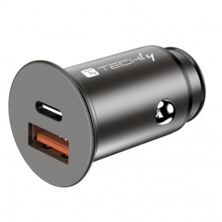 Techly Mini Car Charger USB-A and USB-C Quick Charge 3.0 38W in Black Metal
