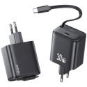 USAMS 1xUSB-C laadija koos väljatõmmatava USB-C-ga väljatõmmatav PD+QC 30W Gan kiirlaadimine must