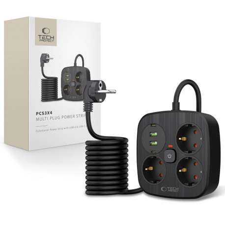 Tech-Protect pikendusjuhe PCS3X4 2xUSB/2xUSB-C/3-pesa 200cm, must