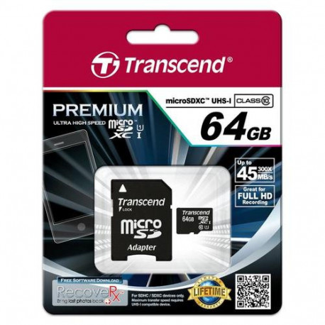 Transcend microSDXC/SDHC Class 10 UHS-I 64GB with Adapter