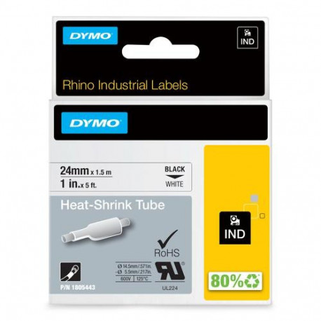 DYMO Rhino Industrial Heat-Shrink Cable Label Tubes | 24 mm x 1.5 m | Black Print on White | Self-Ad