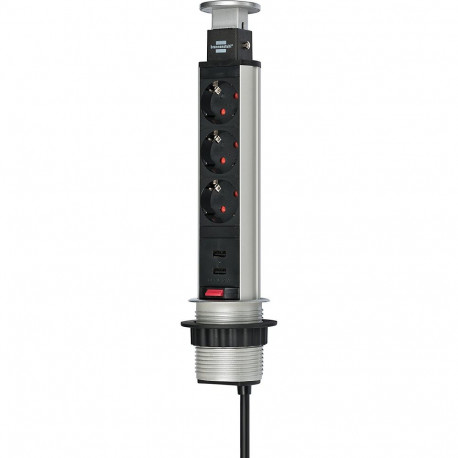 Tower Power versenkbare Steckdosenleiste 3-fach (silber/schwarz, 2 Meter, 2x USB-A)