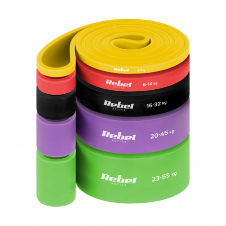 Zestaw gum do ćwiczeń TPE - Power Band PTs-1, 4-55 kg, 5 TPE treeningkummi, REBEL ACTIVE