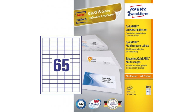 Avery etiketid 3666 ristkülikukujulised püsiliimiga 6500tk, valged