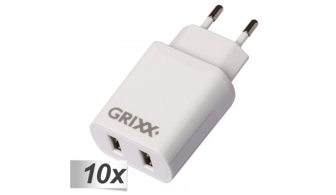 10x1 Grixx toiteadapter 220V kahe USB A valge