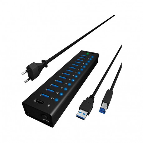 ICY BOX USB 3.0 jaotur 13 porti + 1 laadimisport, alumiiniumist, toiteadapteriga
