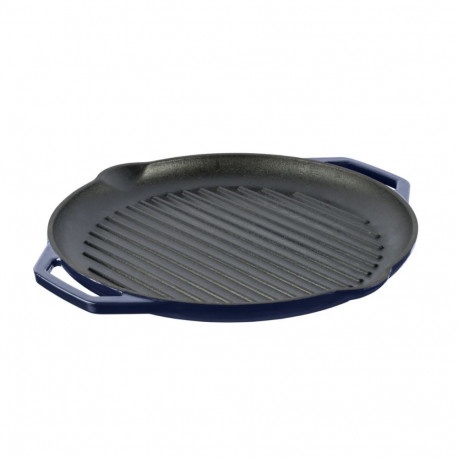 GRAND FEU cast iron frying pan, enameled, ribbed, blue color
