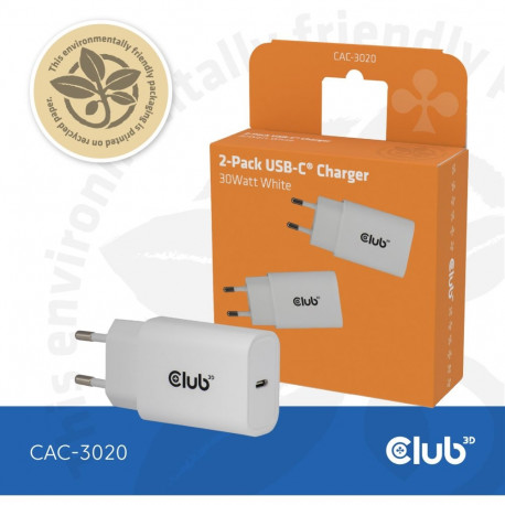 Club3D laadija Lifestyle USB-C 30W, 2tk retail, valge