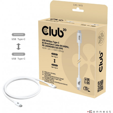 "Club3D Kabel USB-C 80Gbps zertifi. PD240W/8K240Hz 1.2m weiß"