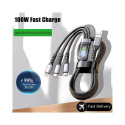 100 W 3-in-1 läbipaistev, ülikiire laadimiskaabel 6 A, universaalne, USB-C, Micro-USB ja Lightning