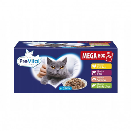 PREVITAL märg kassitoit Mega Box 40X100g veiseliha, lõhe, maks, kana
