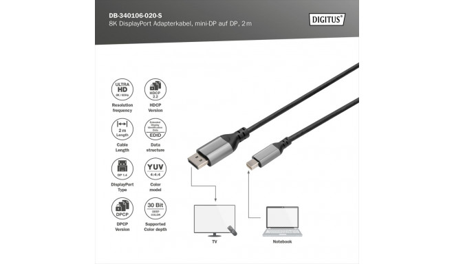Digitus 8K DisplayPort adapterkaabel, Mini DP - DP, 2 m, DB-340106-020-S