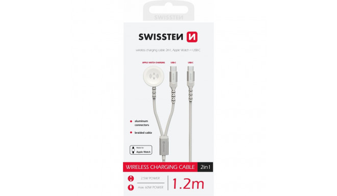 Swissten 2in1 juhtmevaba laadija Apple Watchile ja USB-C / USB-C / 1,2 m