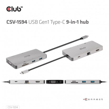 CLUB3D USB Gen1 Type-C 9-in-1 jaotur HDMI, VGA, 2x USB Gen1 Type-A, RJ45, SD/Micro SD kaardipesad ja