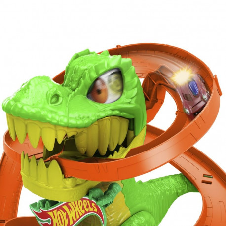 Hot Wheels City T-Rex Blaze Battle mängukomplekt ja 1:64 mõõtkavas valatud auto, dinosauruse vaenlan