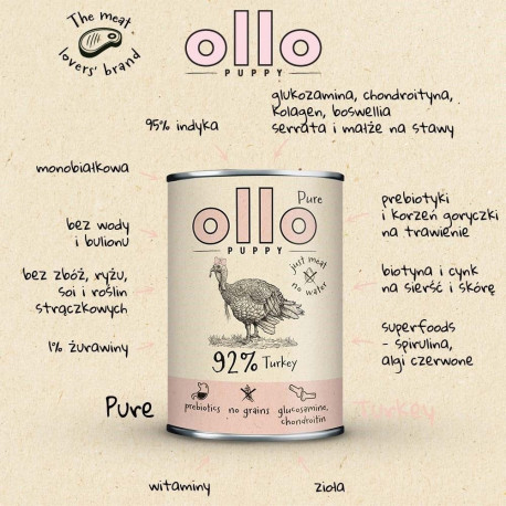 OLLO Puppy Pure Turkey - wet dog food - 850 g
