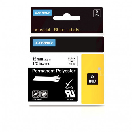 DYMO Rhino Industrial Permanent Polyester Labels | 12 mm x 5.5 m | Black Print on White | Self-Adhes