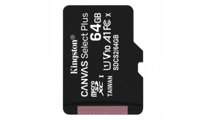 KINGSTON 64GB MICROSDHC CANVAS SELECT PLUS 100R SINGLE PACK W/O ADAPTER