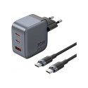GaN Vention USB-C+C+A 70W laadija + USB-C-C kaabel 1 m (hall) 6922794789159