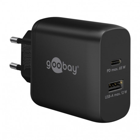 USB-C Dual-Schnellladegerät, PD, GaN, 65 Watt (schwarz, 1x USB-C, 1x USB-A, Power Delivery)