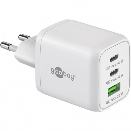 USB-C Schnellladegerät Nano, PD, GaN, 65 Watt (weiß, 1x USB-A, 2x USB-C PD, Charge 3.0)
