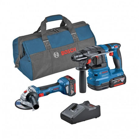 Bosch combo set cordless angle grinder GWS 18V-7 + cordless hammer drill GBH 18V-22, tool set (blue,