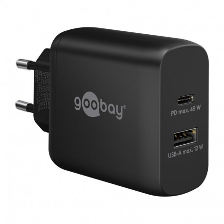goobay USB-C PD dual fast charger 45 watts (black, 1x USB-A, 1x USB-C PD, GaN technology)