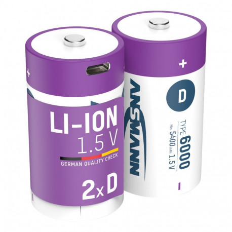 Laetav aku D 1,5V 6000mAh (Li-Ion 12Wh), USB-C tippväljundvõimsusega DC 1,5V 2A (2tk kast) ANSMANN