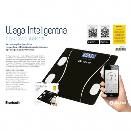 PLATINET BATHROOM SMART BODY SCALE 180KG 26X26CM WITH APP BLUETOOTH BLACK 46021