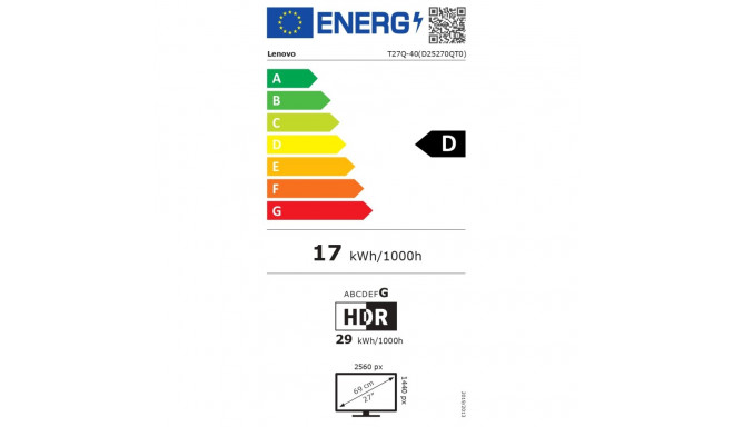 Lenovo T27Q-40 | 27 " | IPS | 16:9 | 120 Hz | 6 ms | 2560 x 1440 pixels | 350 cd/m² | HDMI ports qua