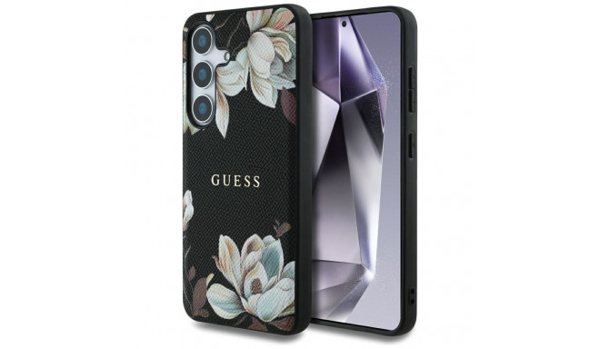 Case Guess Grained Printed Flower Pattern MagSafe for Samsung Galaxy S25 black