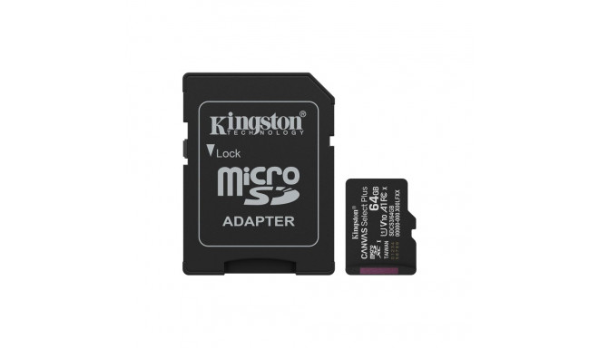 Kingston Technology 64GB microSDXC Canvas Select Plus Gen3 100MB/s A1 kaart + adapter