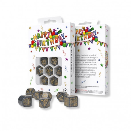 Dice Set - Confetti Q-WORKSHOP Happy Birthday 7 Dice Plastic Gray Gold