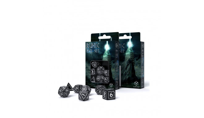Dice Set - Runic Runes 7 Black Plastic White Engravings 45g
