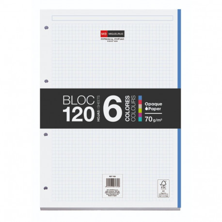 Kirjaplokk A4 120l 5x5 ruut, 6-värviline register, 4-ne augustus, liimköide küljel, Miquelrius