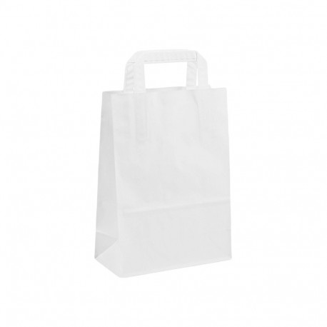 Paper bag with flat handle, 200x100x280 mm, 70 gsm, white kraft paper.