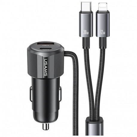 USAMS YT seeria CC287 66W 1xUSB-A 1xUSB-C autolaadija + 2-in-1 USB-C|Lightning must kaabel