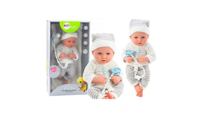 Lalka Bobas w Biało-Szarym Ubranku W Paski Czapeczka Smoczek Kołderka